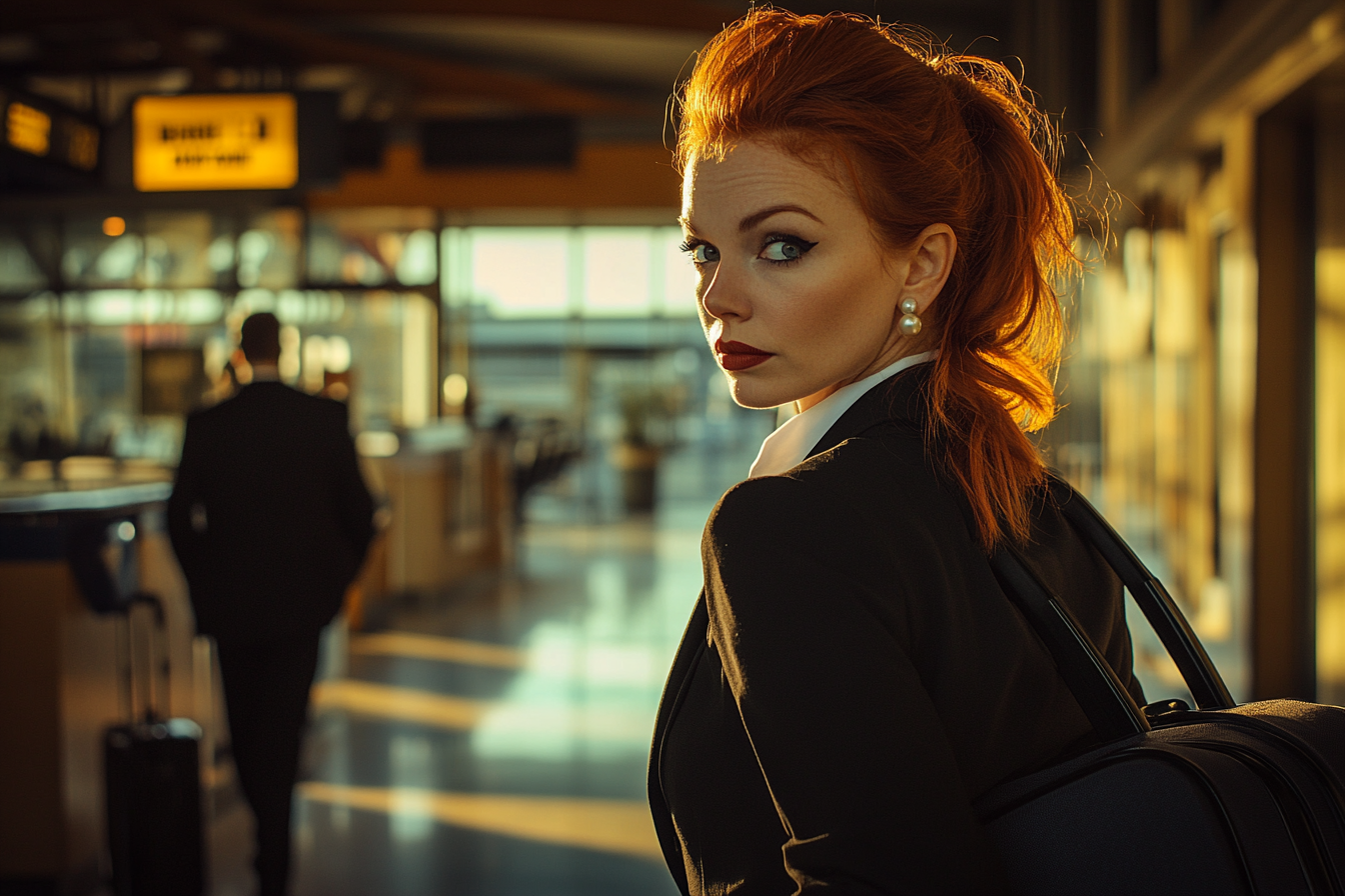 Femme d'une quarantaine d'années ayant l'air occupée marchant dans un aéroport pour un voyage d'affaires | Source : Midjourney