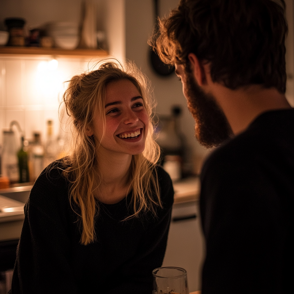 Une femme souriante qui parle à son mari | Source : Midjourney