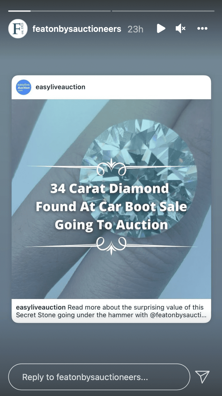 Le diamant de 34 carats sera mis aux enchères le 30 novembre. | Photo : instagram.com/featonbysauctioneers