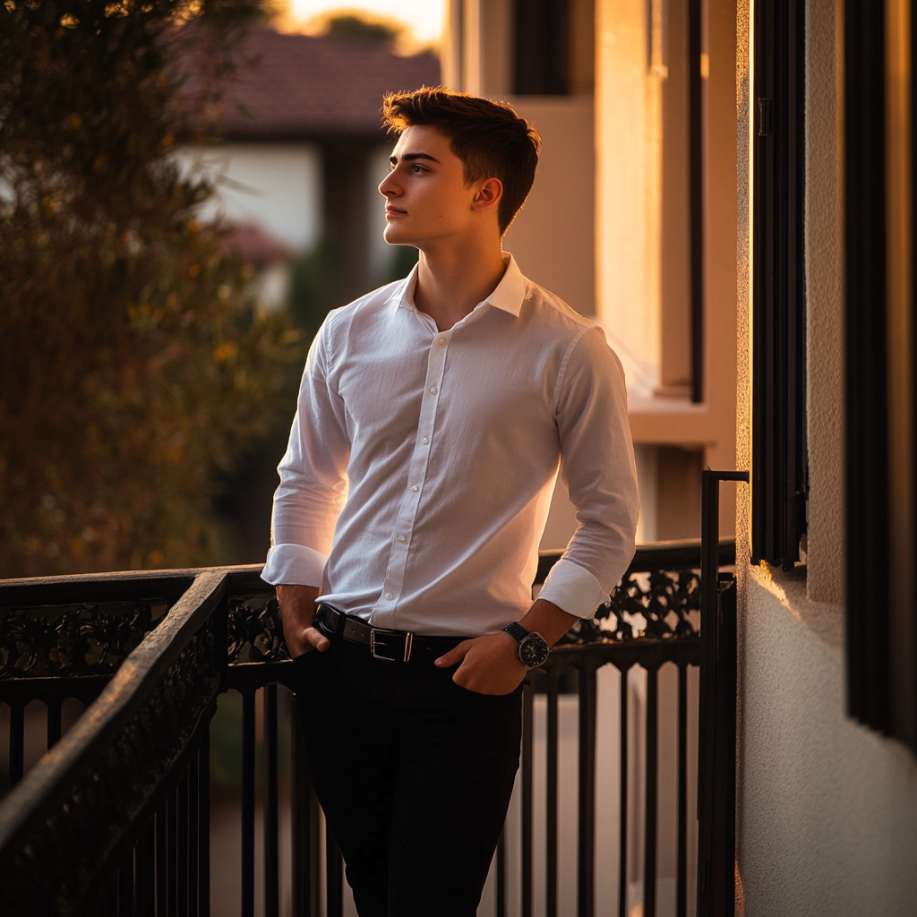 Un jeune homme qui a réussi se tient à son balcon | Source : Midjourney