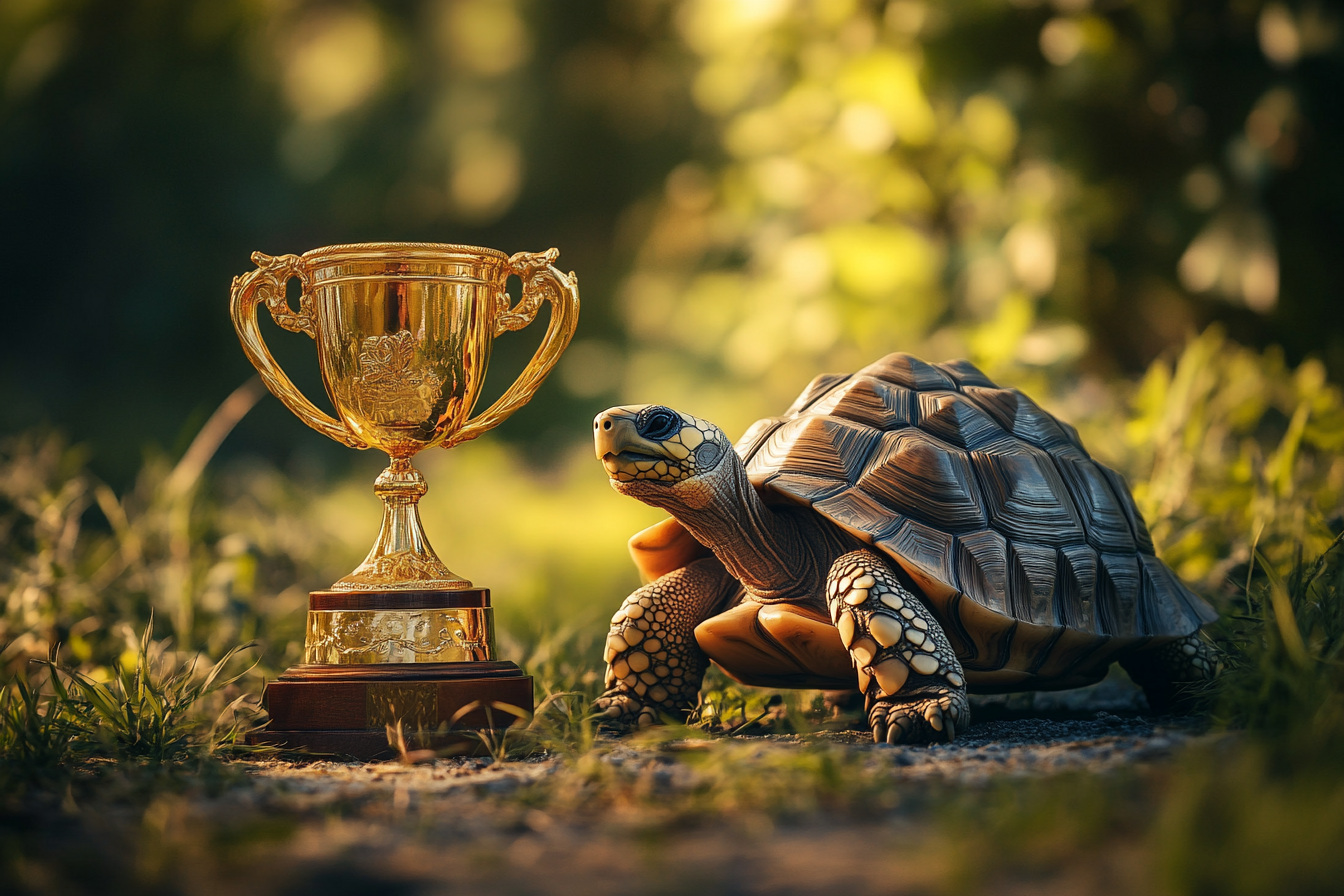 Une tortue se tenant à côté d'un trophée de vainqueur | Source : Midjourney