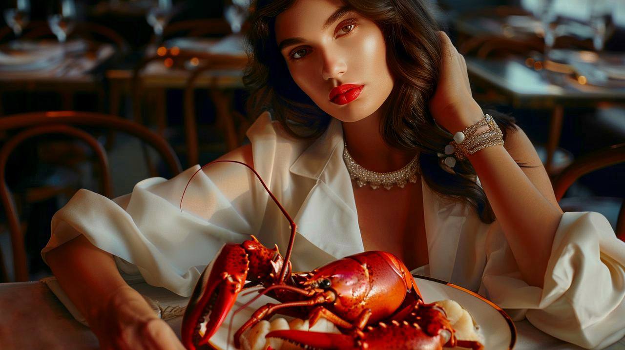 Une femme en robe élégante avec un verre de vin et un homard dans l'assiette | Source : Midjourney