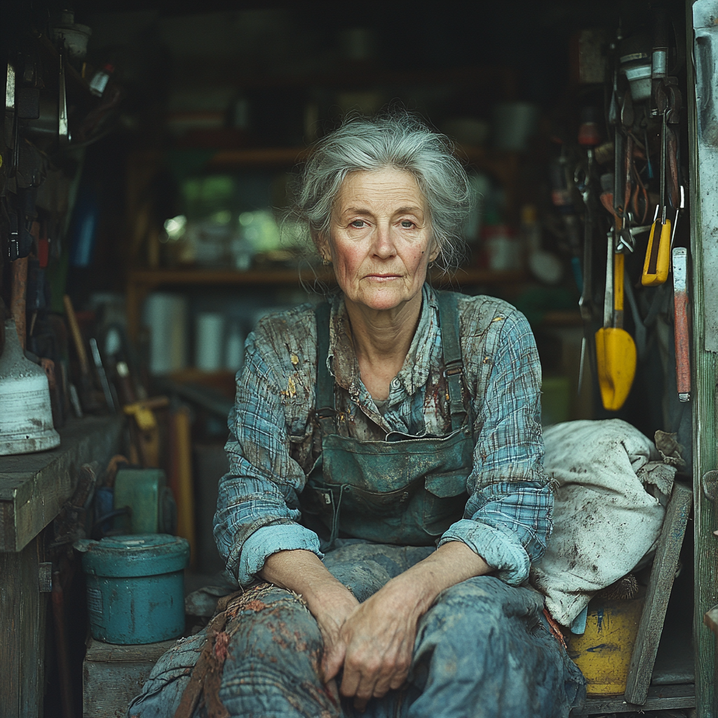 Une femme assise dans un hangar | Source : Midjourney