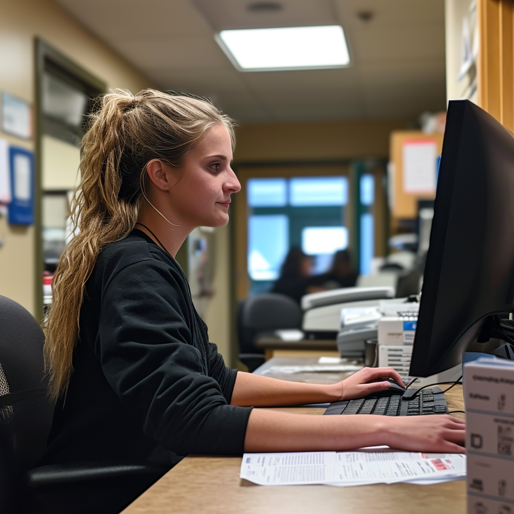 Une femme assise à un bureau | Source : Midjourney