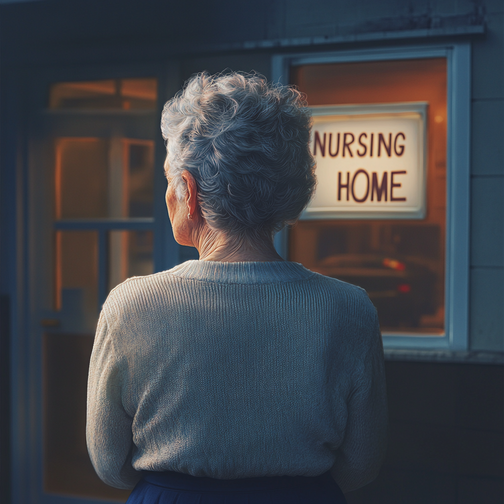 Une femme âgée debout à l'extérieur d'une maison de retraite | Source : Midjourney