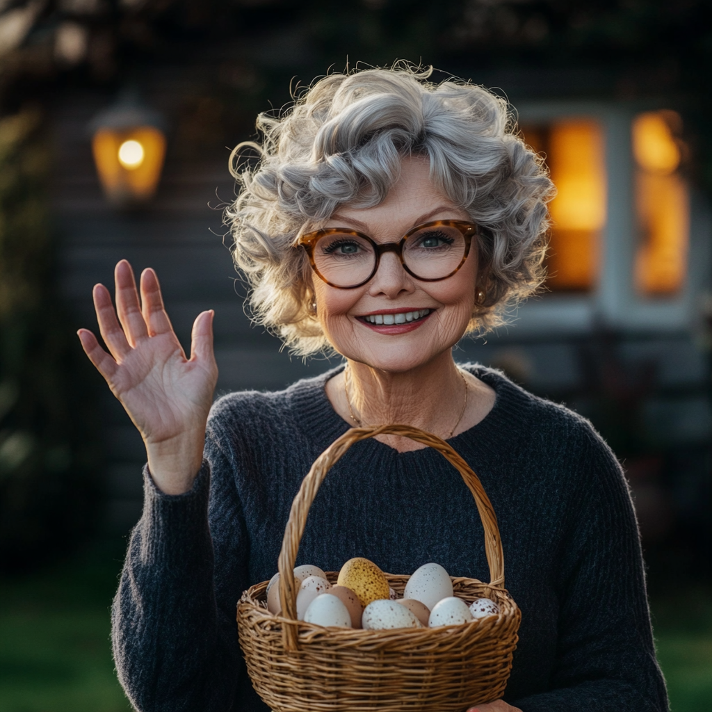 Une vieille dame souriante tenant un panier d'œufs | Source : Midjourney