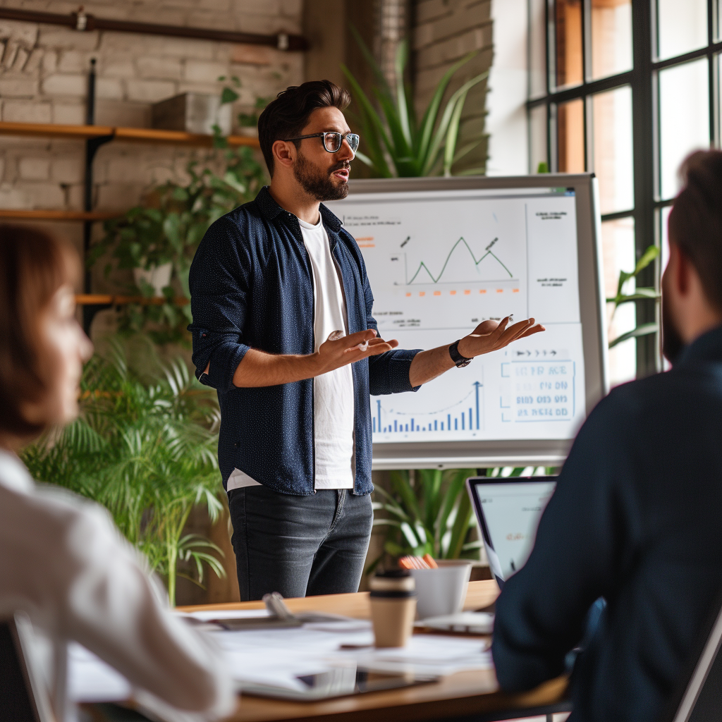 Un homme faisant une présentation dans un bureau | Source : Midjourney