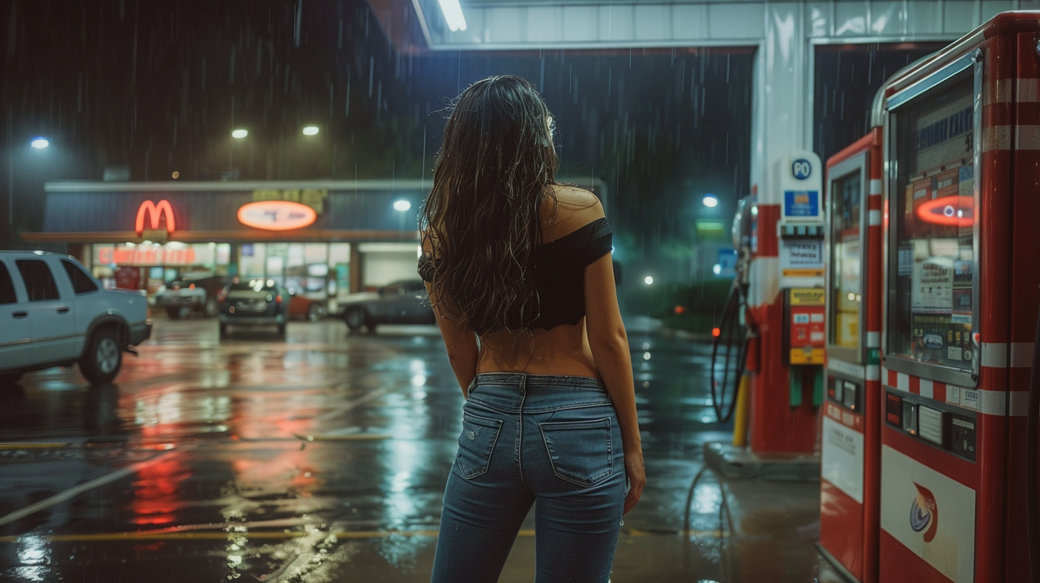 Femme debout à une station-service pendant la tempête | Source : Midjourney