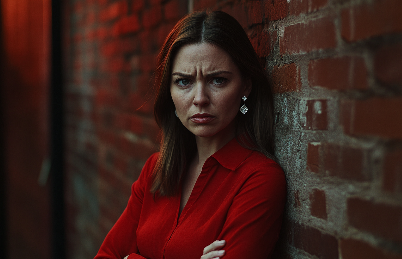 An angry woman with her arms crossed in front of a brick wall | Source: Midjourney