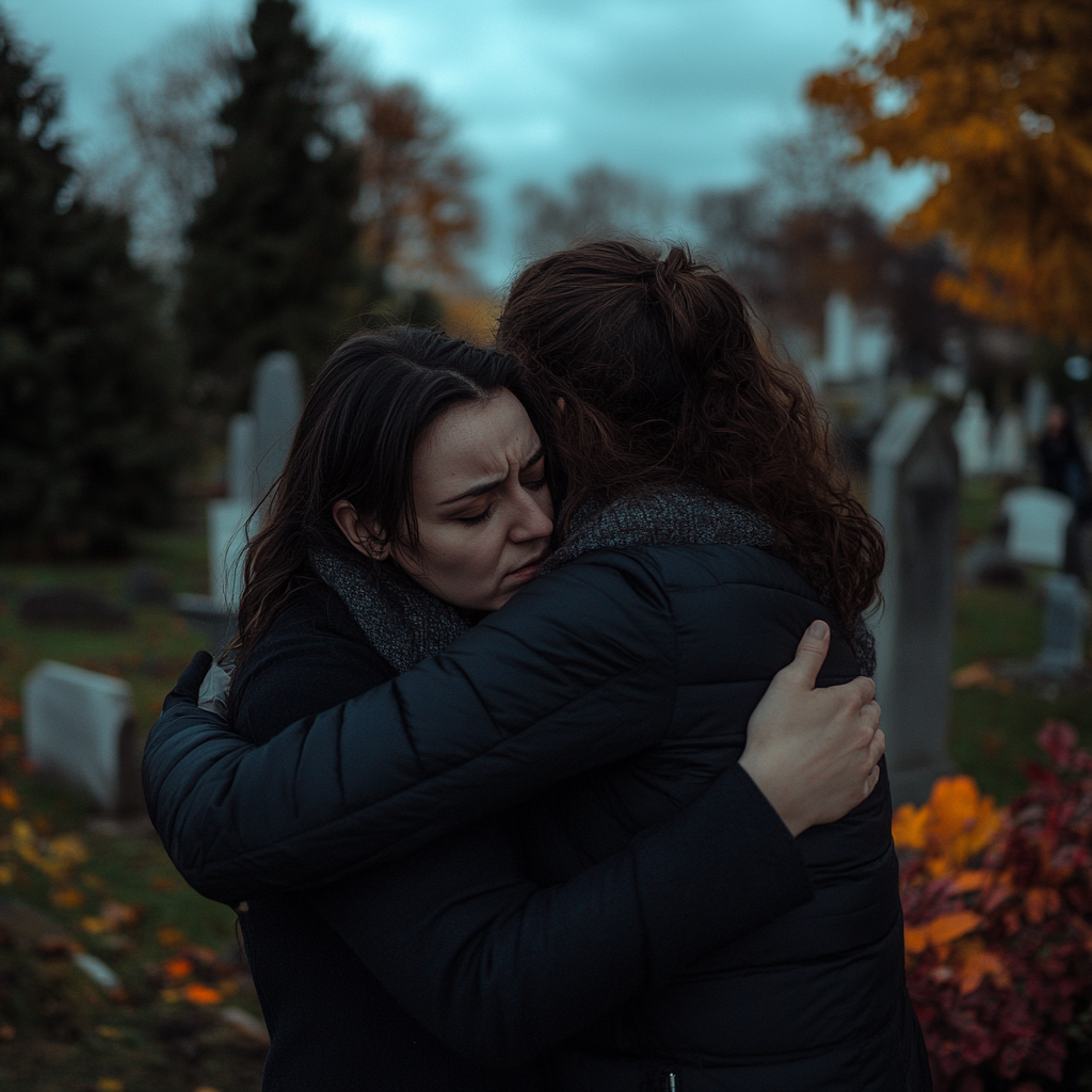 Deux femmes s'étreignent dans un cimetière ⏐ Source : Midjourney