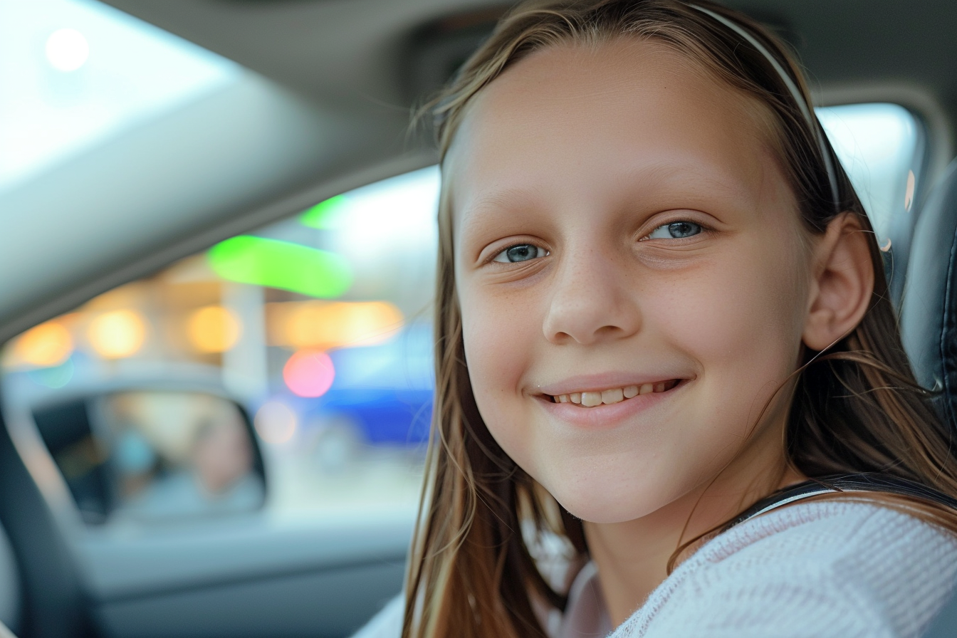 Une jeune fille souriante dans une voiture | Source : Midjourney