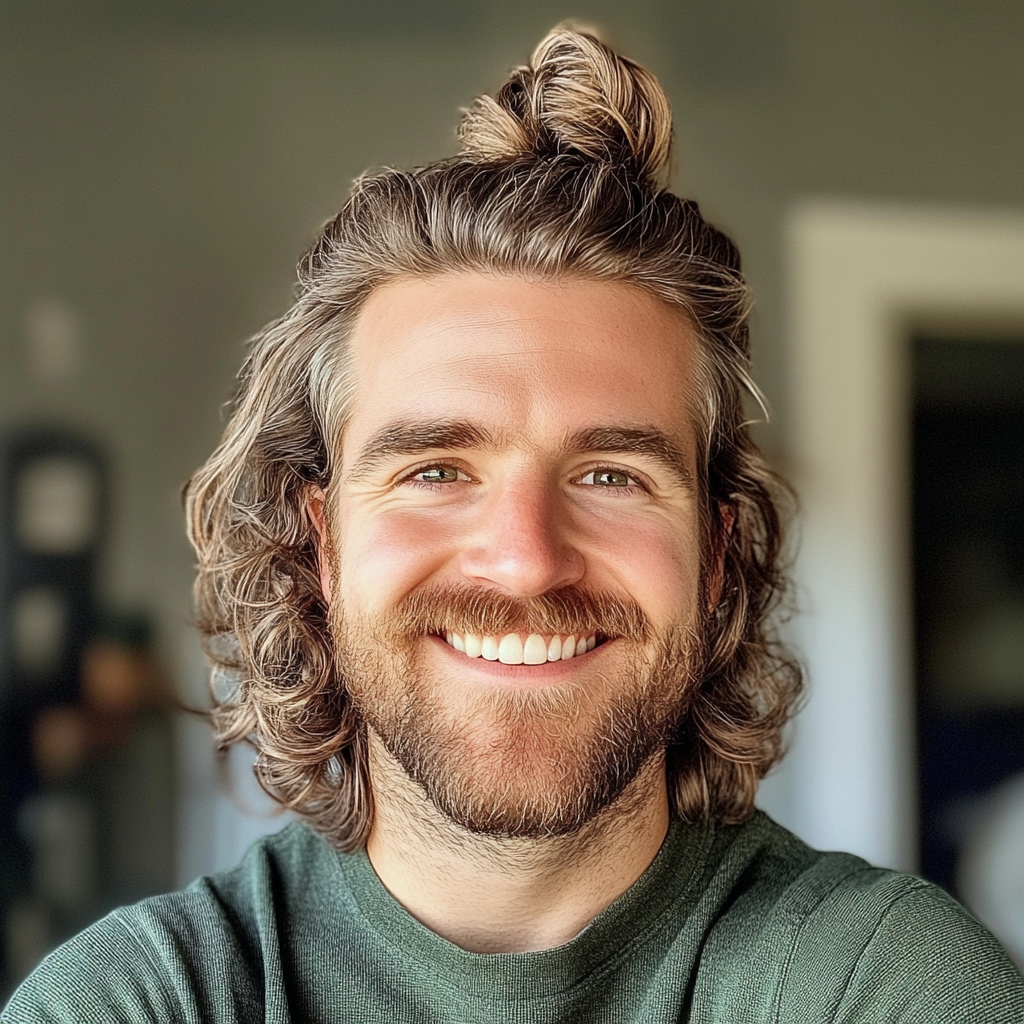 Un homme souriant avec un chignon d'homme | Source : Midjourney