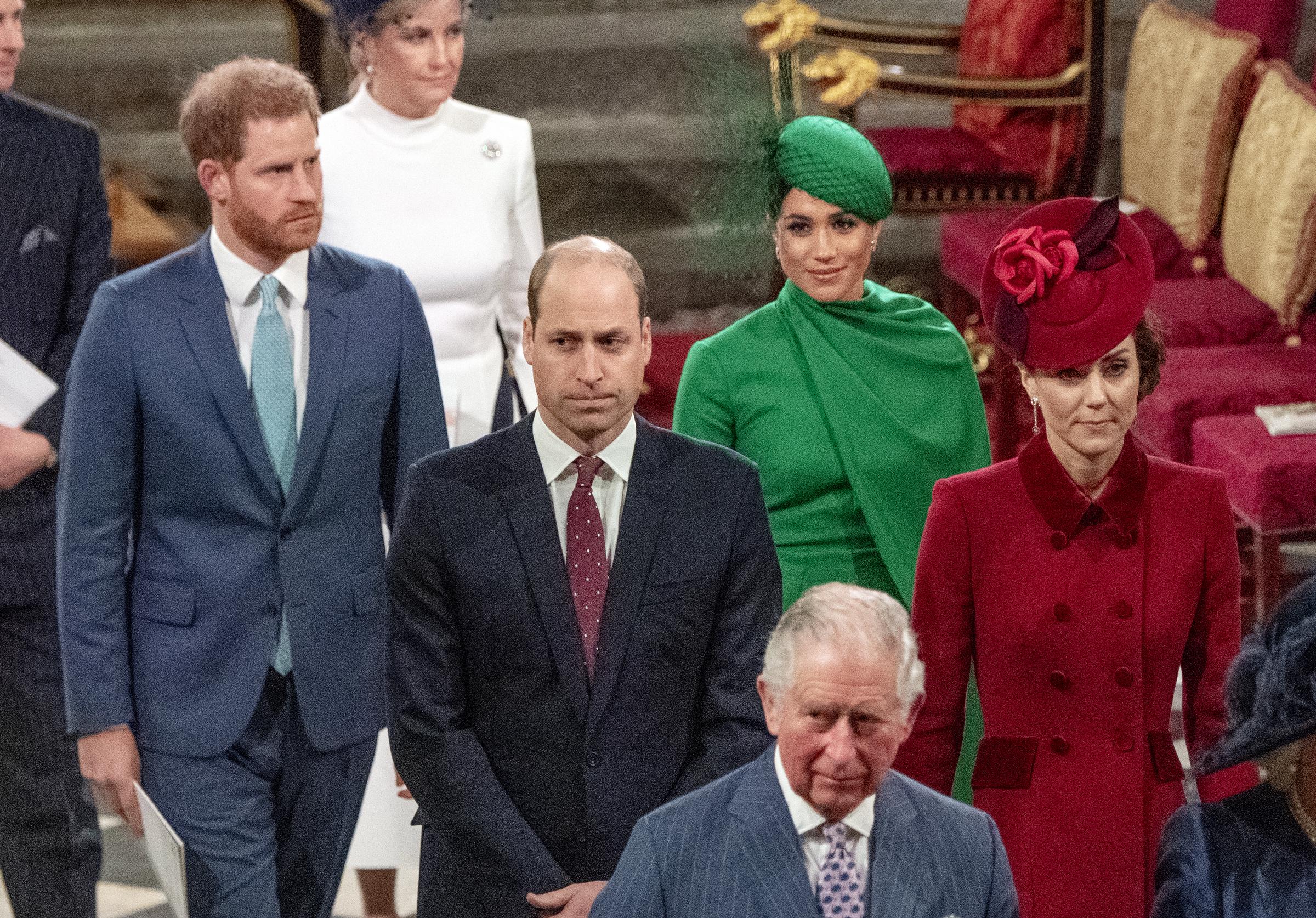 Le prince Harry, Meghan Markle, le prince William, la princesse Catherine et le roi Charles III assistent au service de la Journée du Commonwealth 2020 à Londres, en Angleterre, le 9 mars 2020 | Source : Getty Images