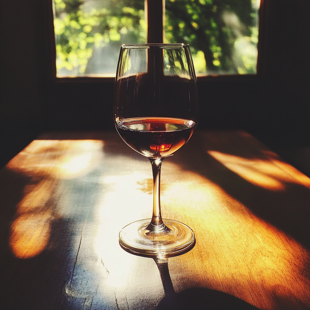 A glass of wine on a table | Source: Midjourney