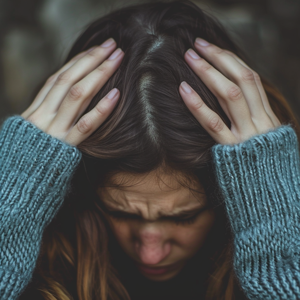 A woman holding her head | Source: Midjourney