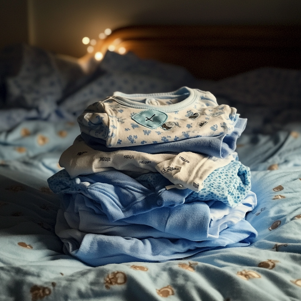 Une pile de vêtements de bébé sur un lit | Source : Midjourney