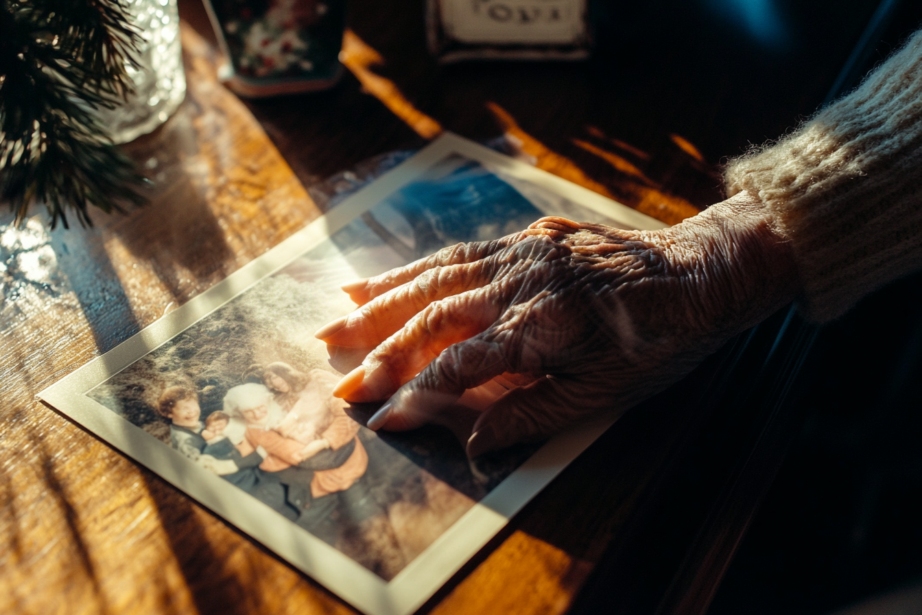 Main de femme claquant une photo sur une table de cuisine | Source : Midjourney