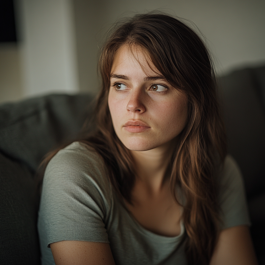 Une femme sérieuse qui regarde de son côté ⏐ Source : Midjourney