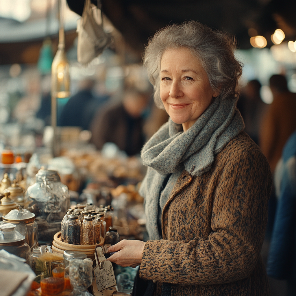 Une femme heureuse dans un marché aux puces | Source : Midjourney