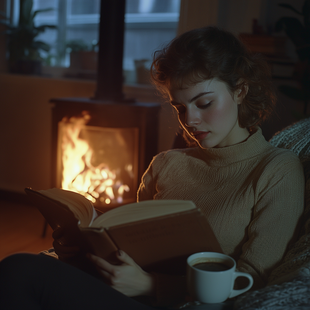 Une femme lisant un livre près d'un four | Source : Midjourney