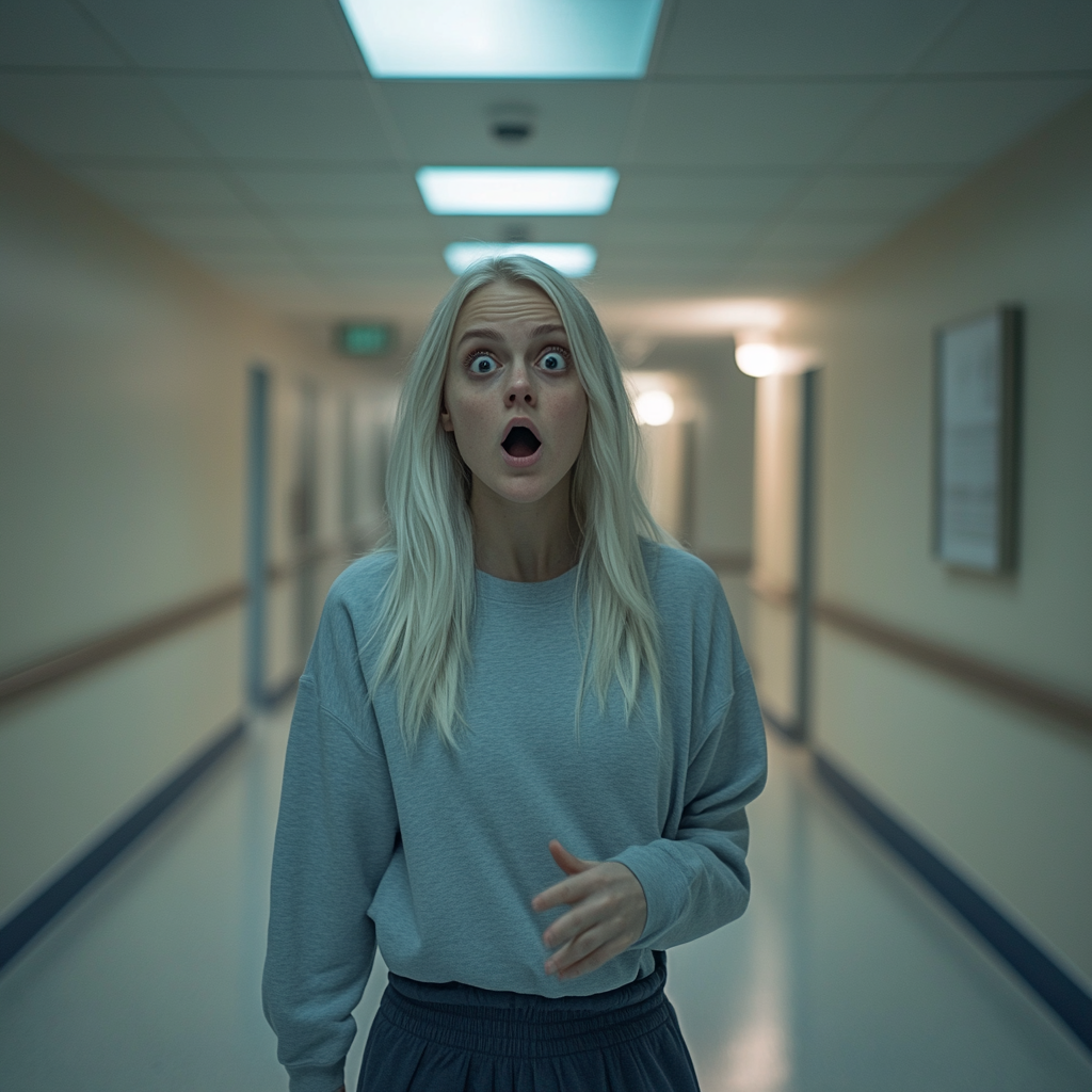 Une femme aux cheveux blonds choquée, debout dans un couloir d'hôpital | Source : Midjourney