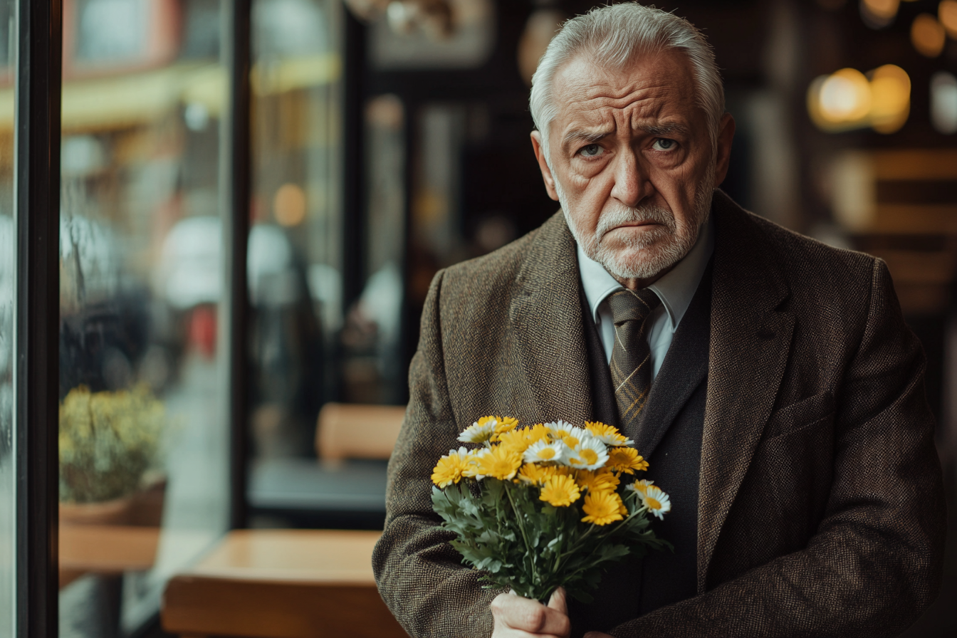 Un homme ému tenant un bouquet de marguerites | Source : Midjourney