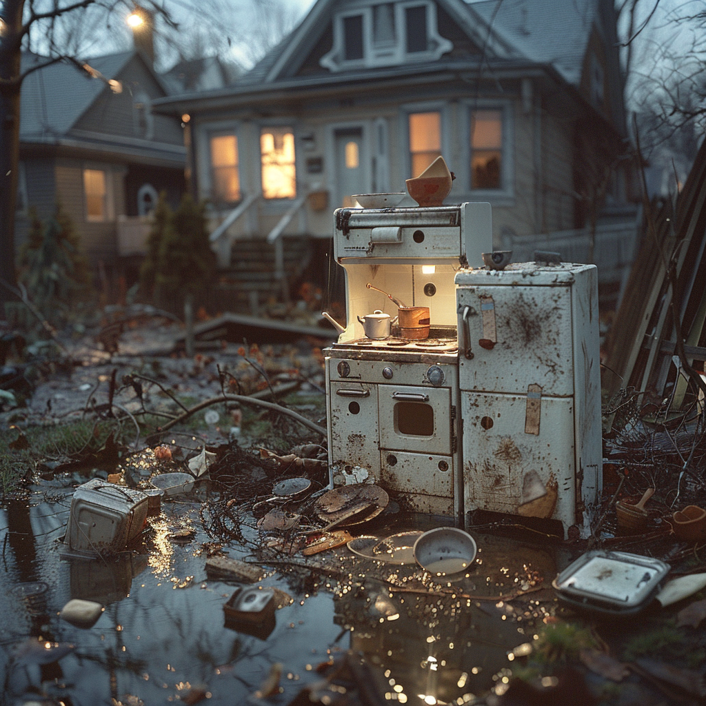 Une petite cuisine semi-fonctionnelle gît en ruine dans la cour avant après une tempête de pluie | Source : Midjourney