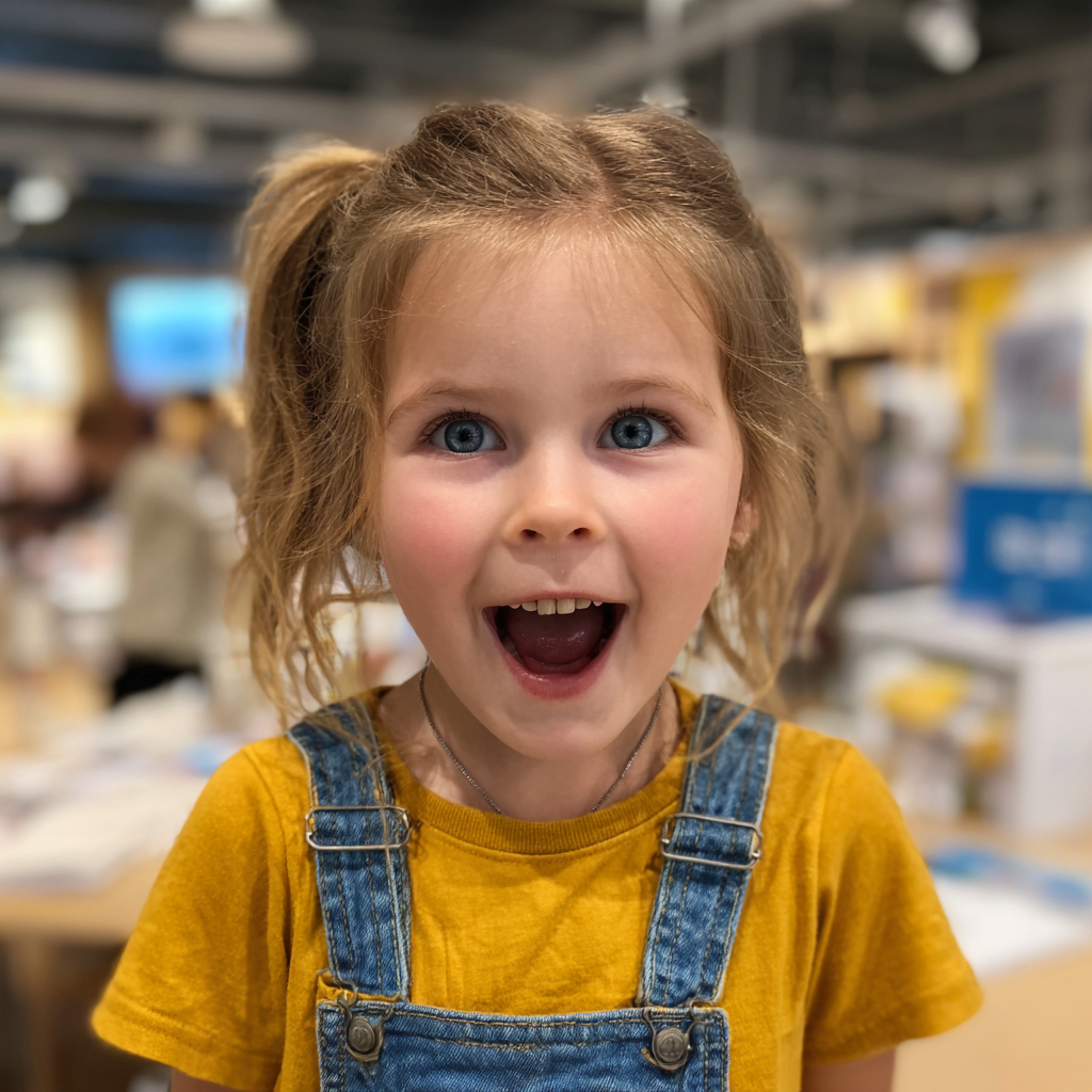 Une petite fille souriante dans un grand magasin | Source : Midjourney