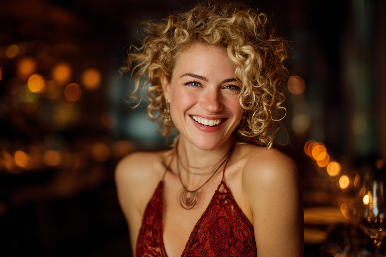 Une femme qui sourit dans un restaurant | Source : Midjourney
