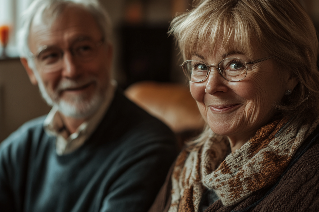 Un couple sur un canapé souriant d'un air malicieux | Source : Midjourney