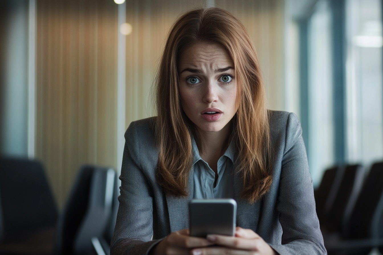 A worried woman looking at her phone | Source: Midjourney