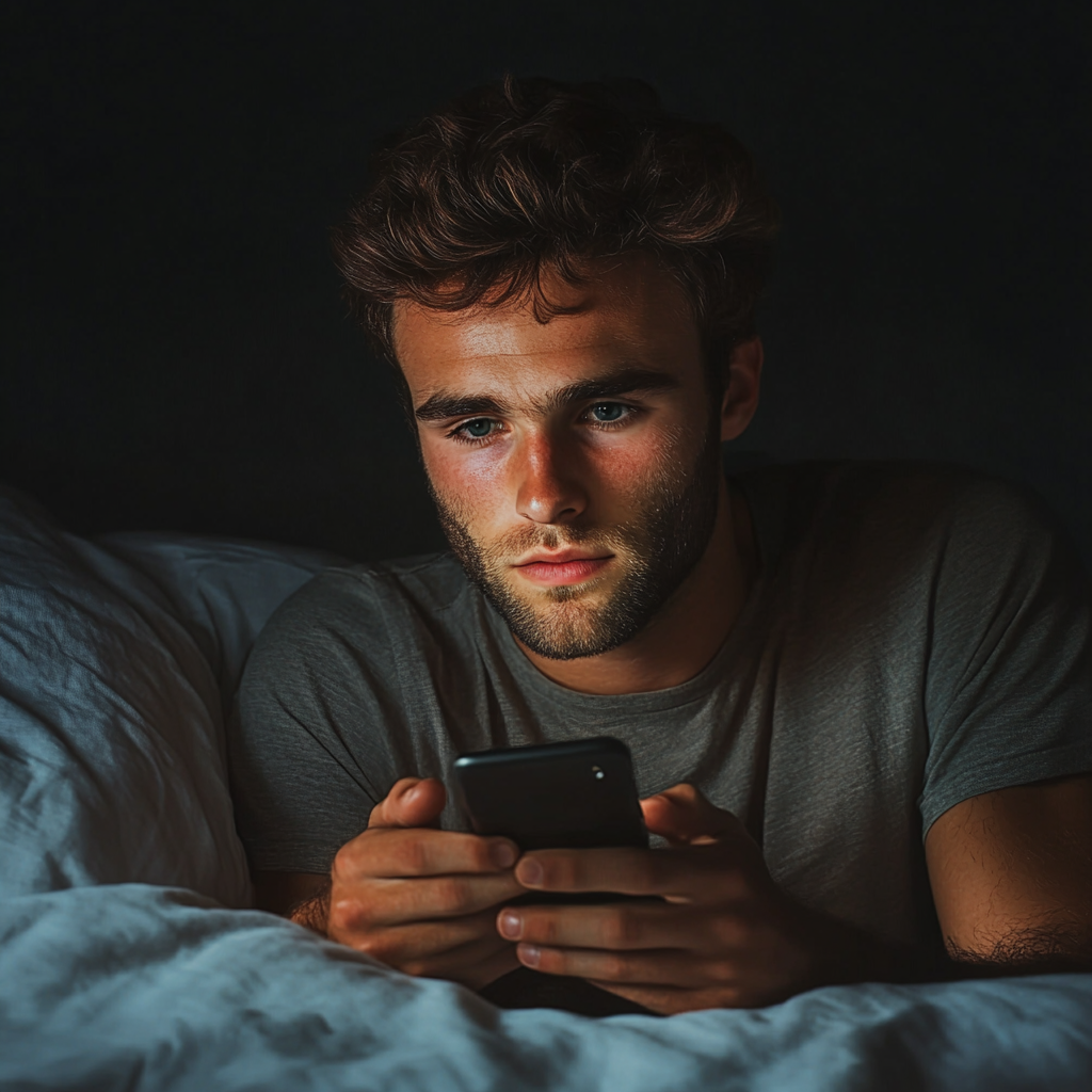 Un homme utilisant un smartphone dans sa chambre | Source : Midjourney