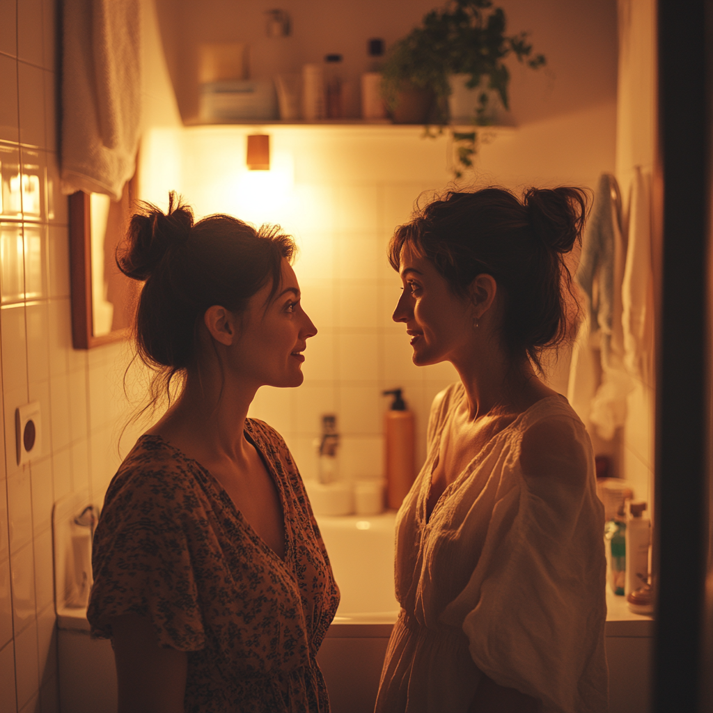 Two sisters chat in their bathroom | Source: Midjourney