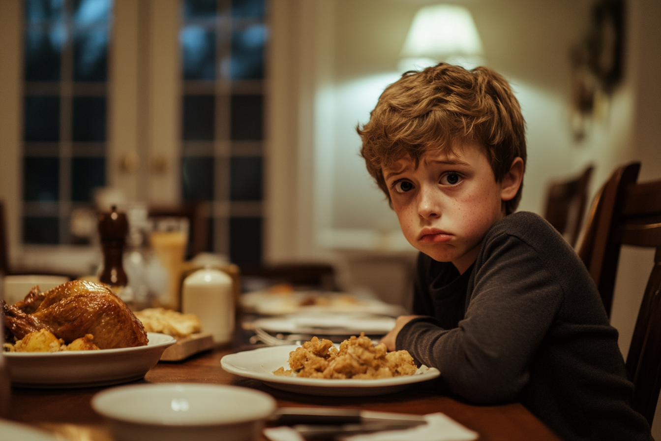 Un garçon triste à table | Source : Midjourney