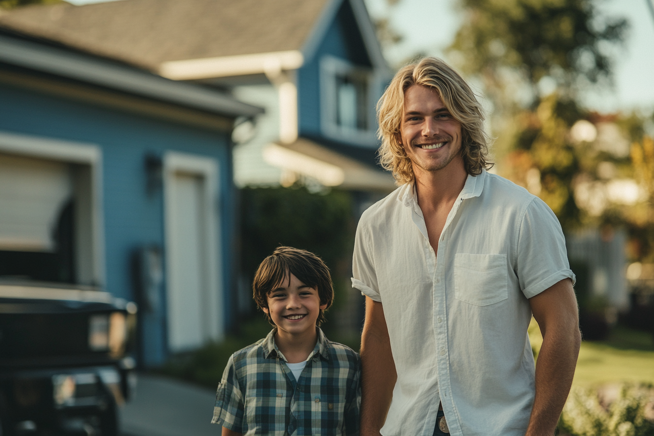 Père et fils debout dans l'allée devant une maison bleue avec des sourires complices | Source : Midjourney