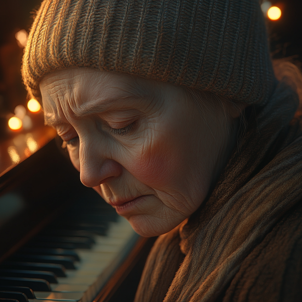 Une femme âgée en détresse près d'un piano | Source : Midjourney