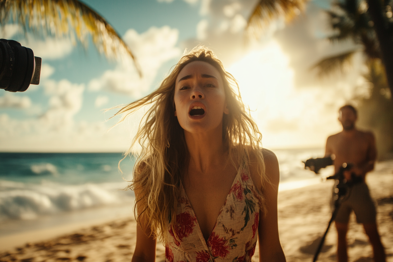 Une femme qui crie sur une plage avec des caméras autour d'elle | Source : Midjourney