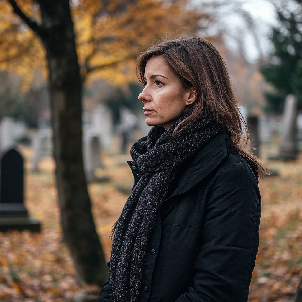 Plan de côté d'une femme en deuil dans un cimetière ⏐ Source : Midjourney