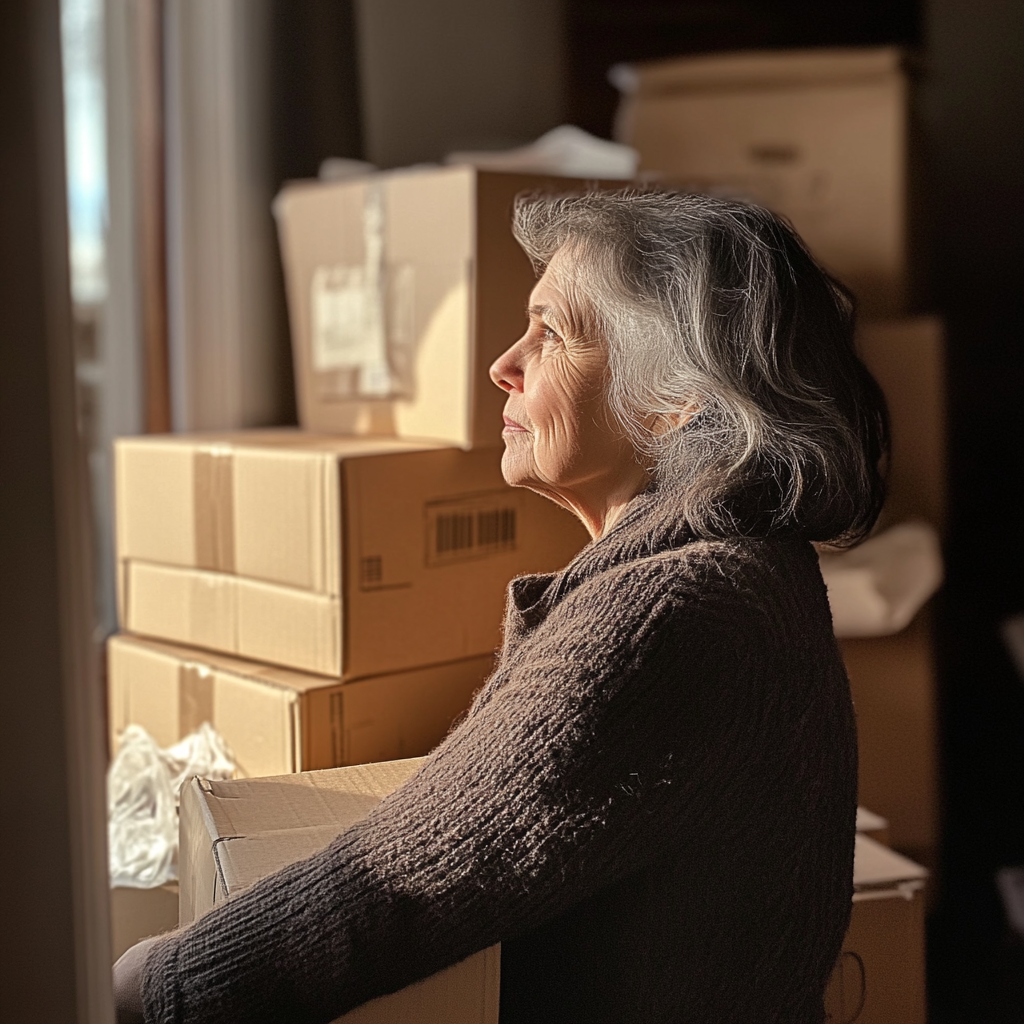 Femme âgée dans une pièce remplie de cartons | Source : Midjourney