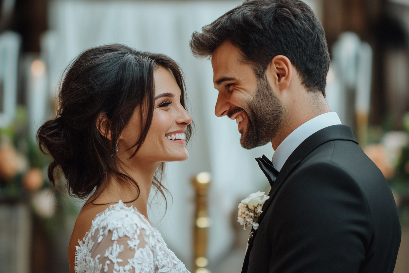 Un couple qui rit ensemble le jour de son mariage | Source : Midjourney