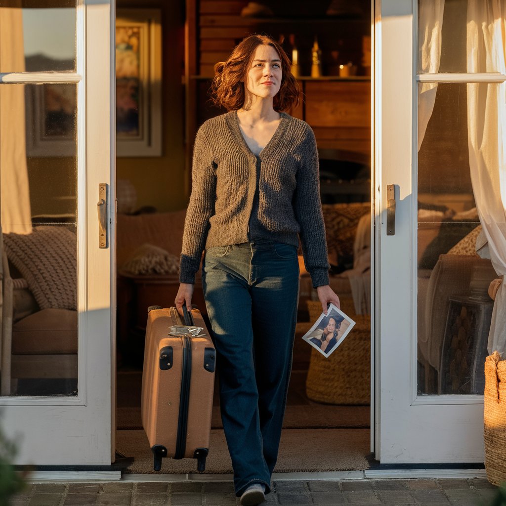 Une femme quittant une maison, valise à la main | Source : Midjourney