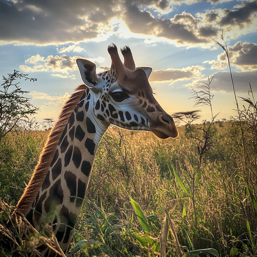 Gros plan sur une girafe dans la nature | Source : Midjourney