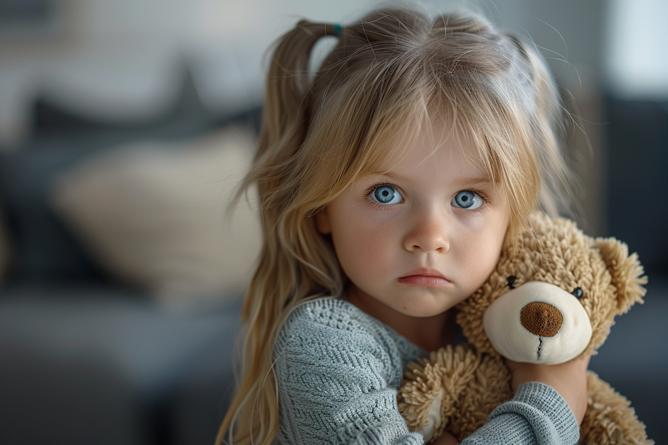 Petite fille triste tenant un ours en peluche | Source : Midjourney