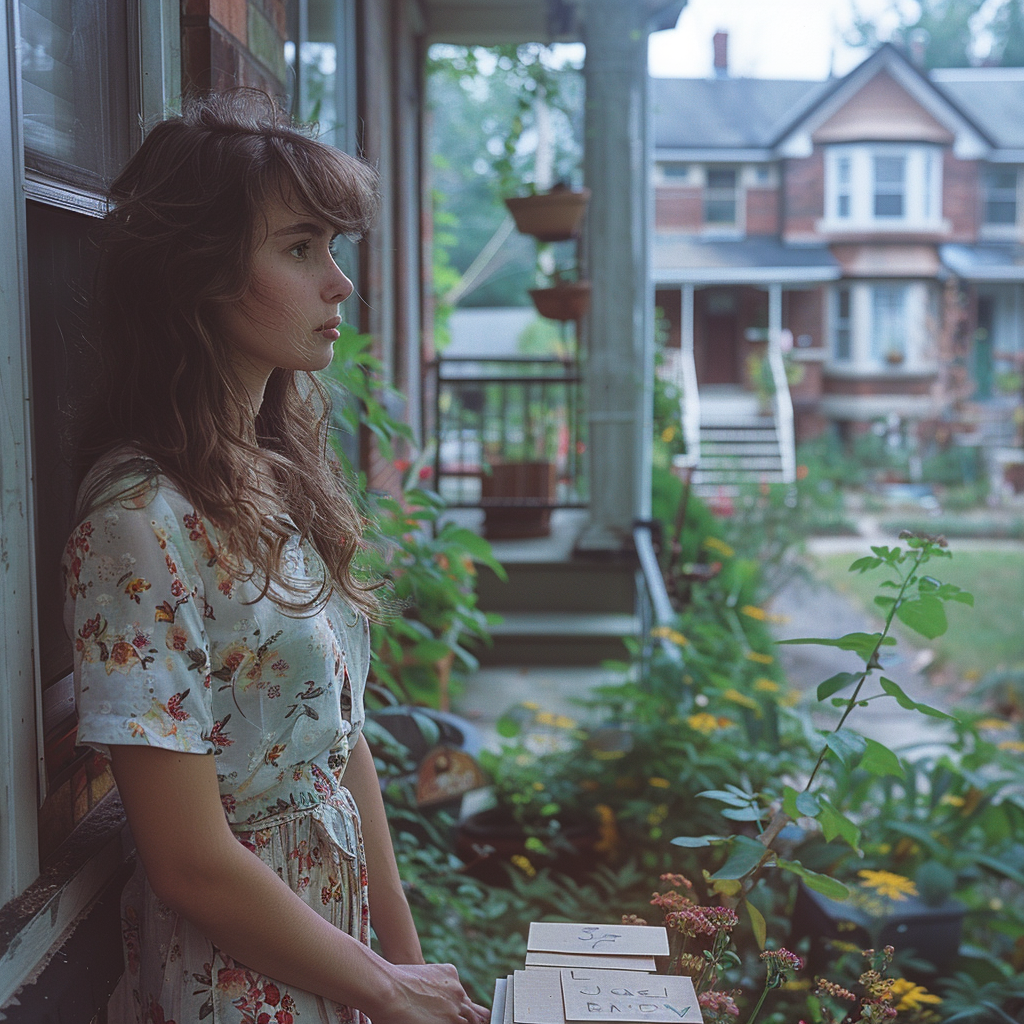 Une jeune femme regardant au loin sur sa terrasse avec des lettres devant elle | Source : Midjourney