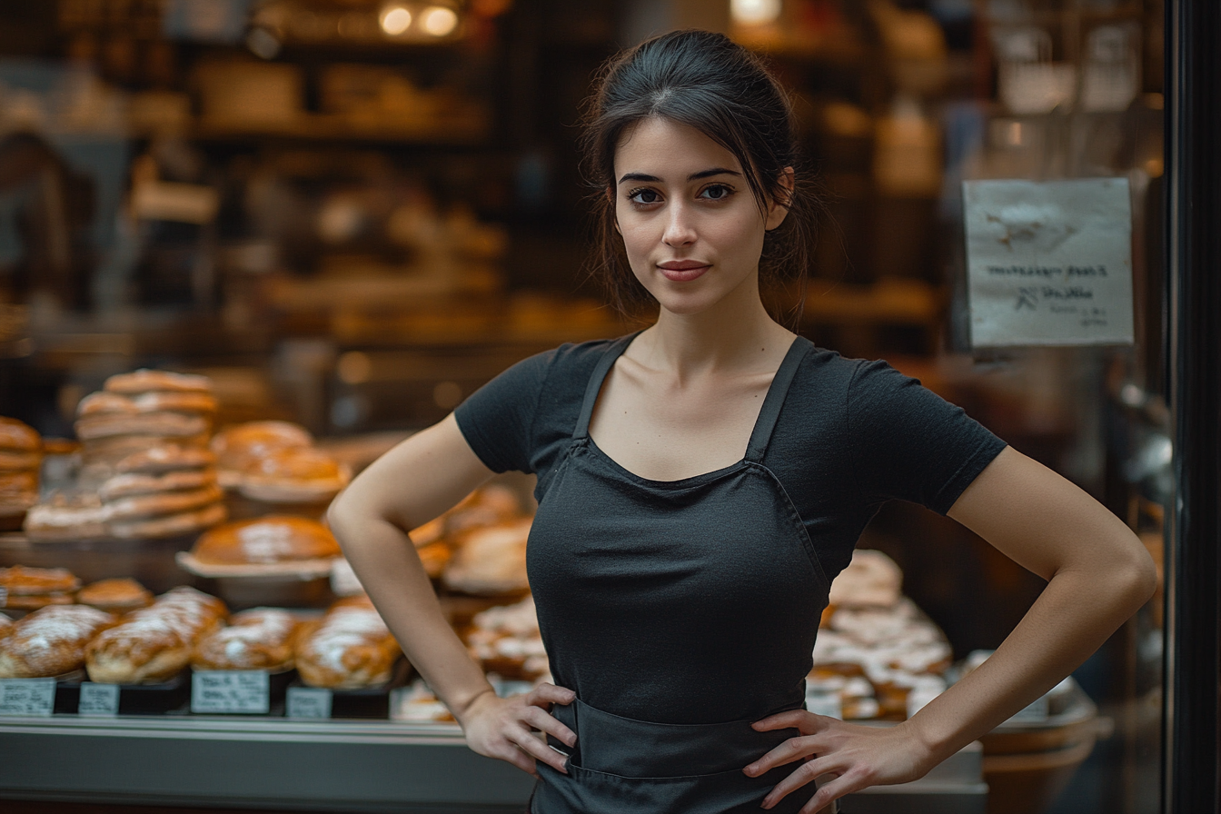 Une femme confiante debout dans une boulangerie | Source : Midjourney