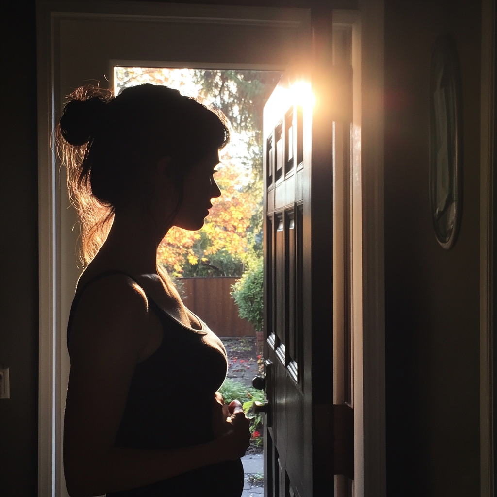 Une femme en post-partum debout dans l'embrasure d'une porte | Source : Midjourney