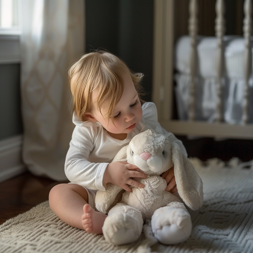 Une petite fille jouant avec un lapin en peluche | Source : Midjourney