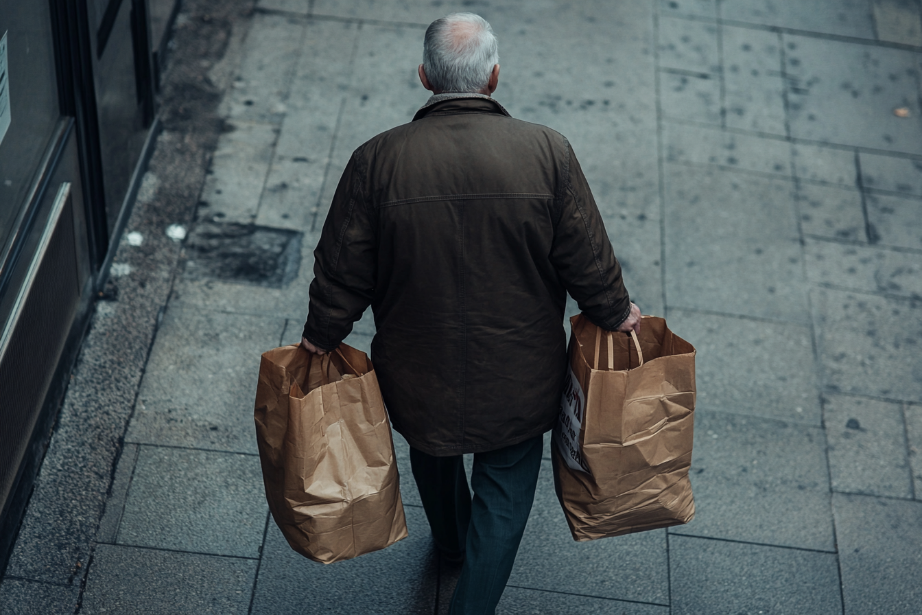 Un homme marchant sur un trottoir en transportant des provisions | Source : Midjourney