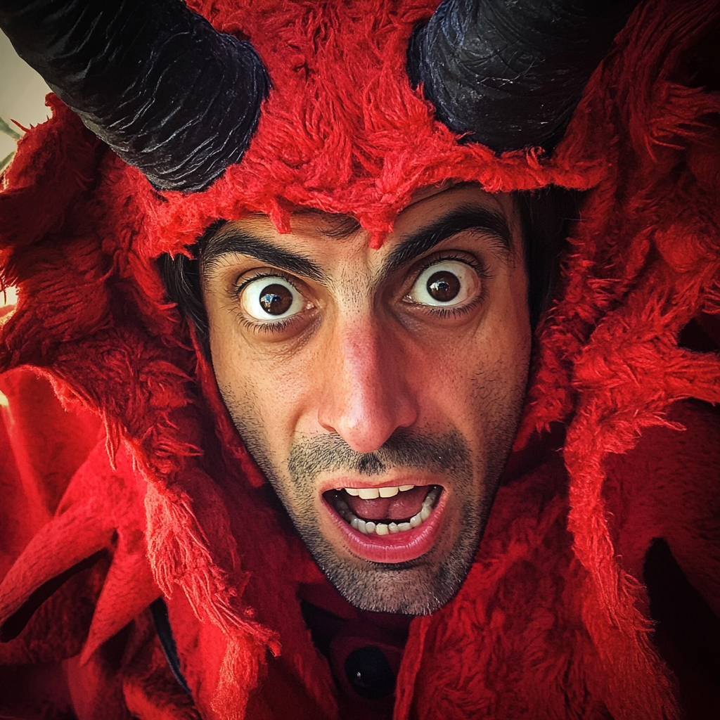 Un homme choqué dans un costume de diable | Source : Midjourney