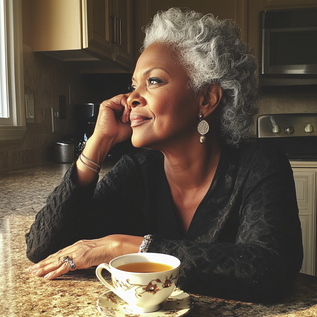 Une femme assise à une table de cuisine | Source : Midjourney